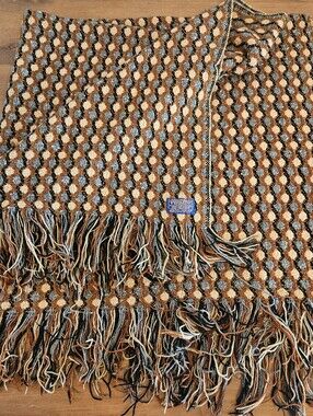 Pendleton Vintage Virgin Wool Woven Knit Fringed Throw Blanket Brown Gray Cream